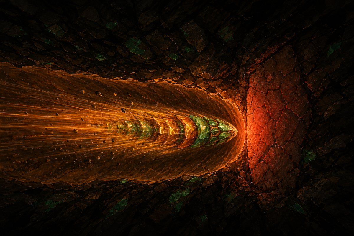 A digger at full speed down a tunnel, its body streaked with motion blur, with
                unbroken rock directly ahead of it.