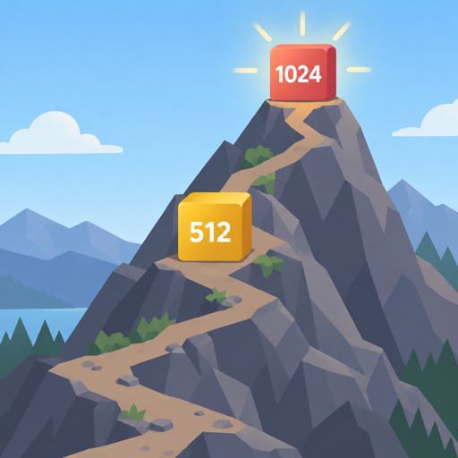 A mountain path climbing past a yellow 512 block to a glowing red 1024 block at the summit.