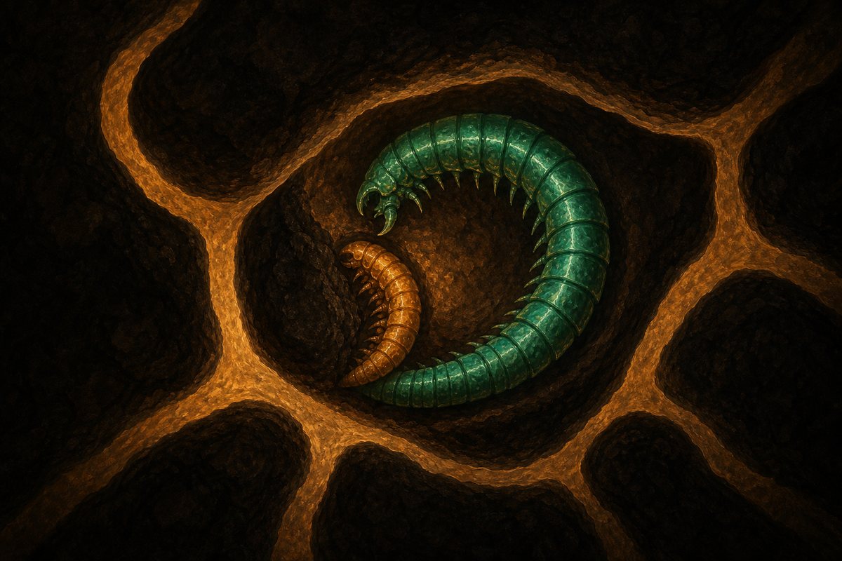 Two diggers in a network of carved tunnels: the larger has curled its body
                  into a closing arc, trapping the smaller against solid rock with no exit.