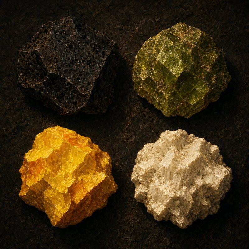 Four raw mineral specimens on dark stone: black basalt, olive-green olivine,
                vivid yellow sulfur, and chalk-white zeolite.